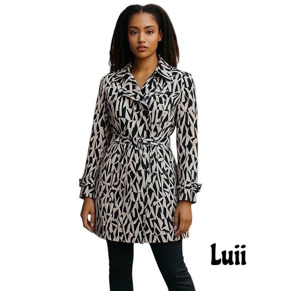 Luii Black And White Animal Print Belted Short Trench Coat Jacket NWT Size M - Picture 1 of 15